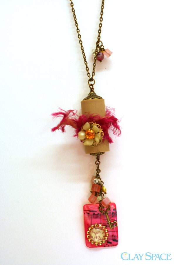 Bright Pink Wine Cork Necklace - Grease Lightening