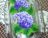 Large Glass Butter Dish with Hand Painted Lilacs