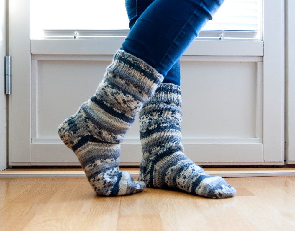 Hand knitted socks - gray scale. stripes in gray and white.