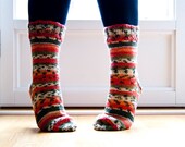Unisex hand knit socks - cloudberry. Forest green, orange and white stripes.