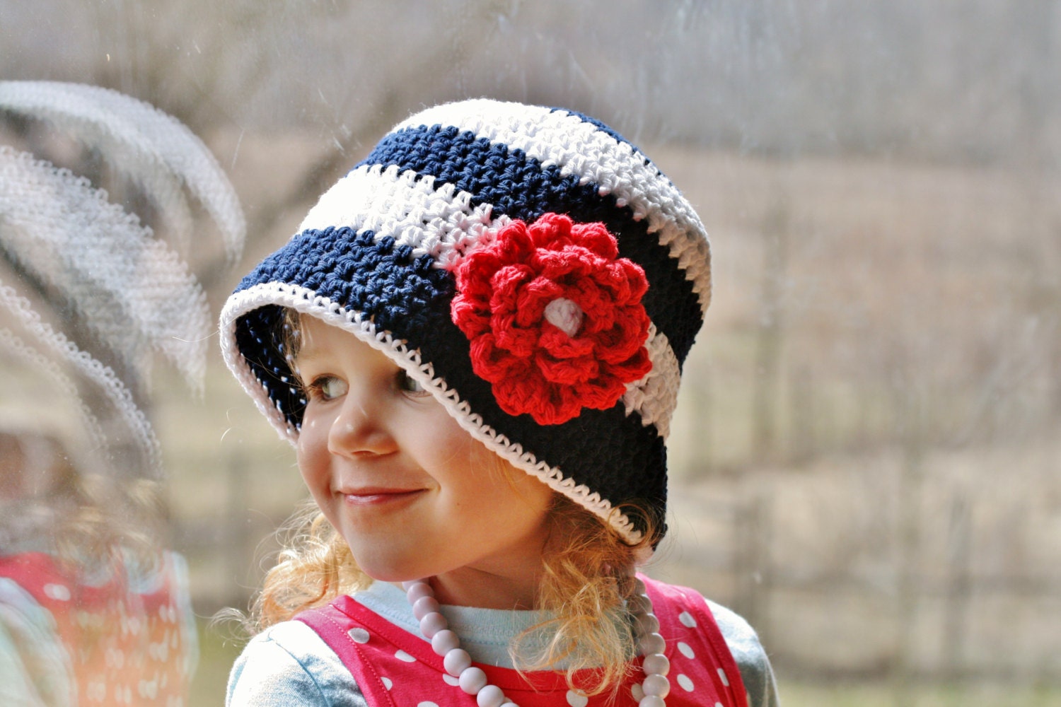 Girls Crochet Sun Hat in Navy Blue, White, and Red , Accessories, Kids,Gift,Toddler, Knit, Toddler Girl