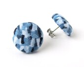 Blue stud earrings - fabric covered button royal cobalt dark light blue