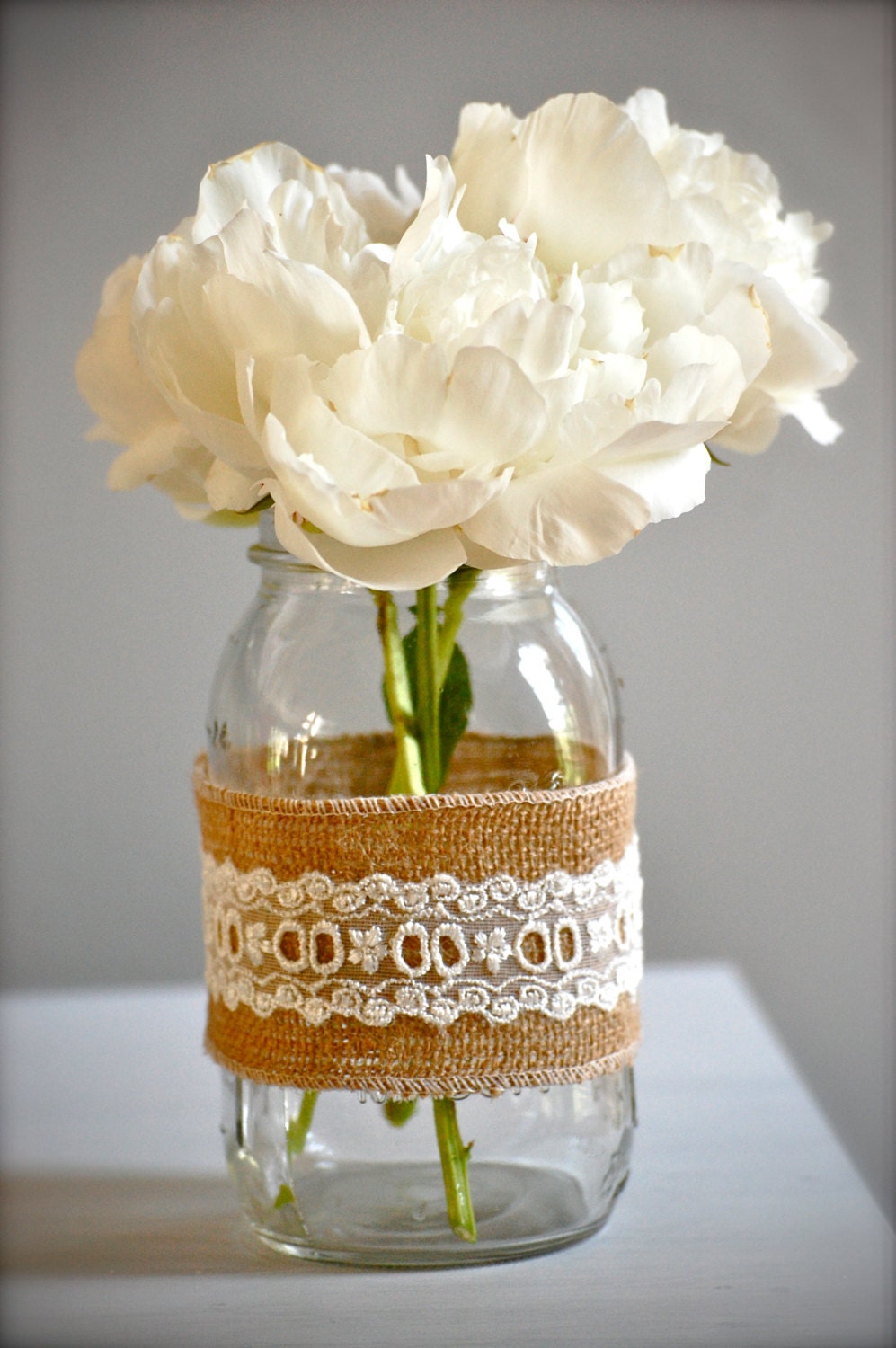 Rustic burlap and lace vase, rustic wedding vase, shabby chic home decor, cottage home decor/container