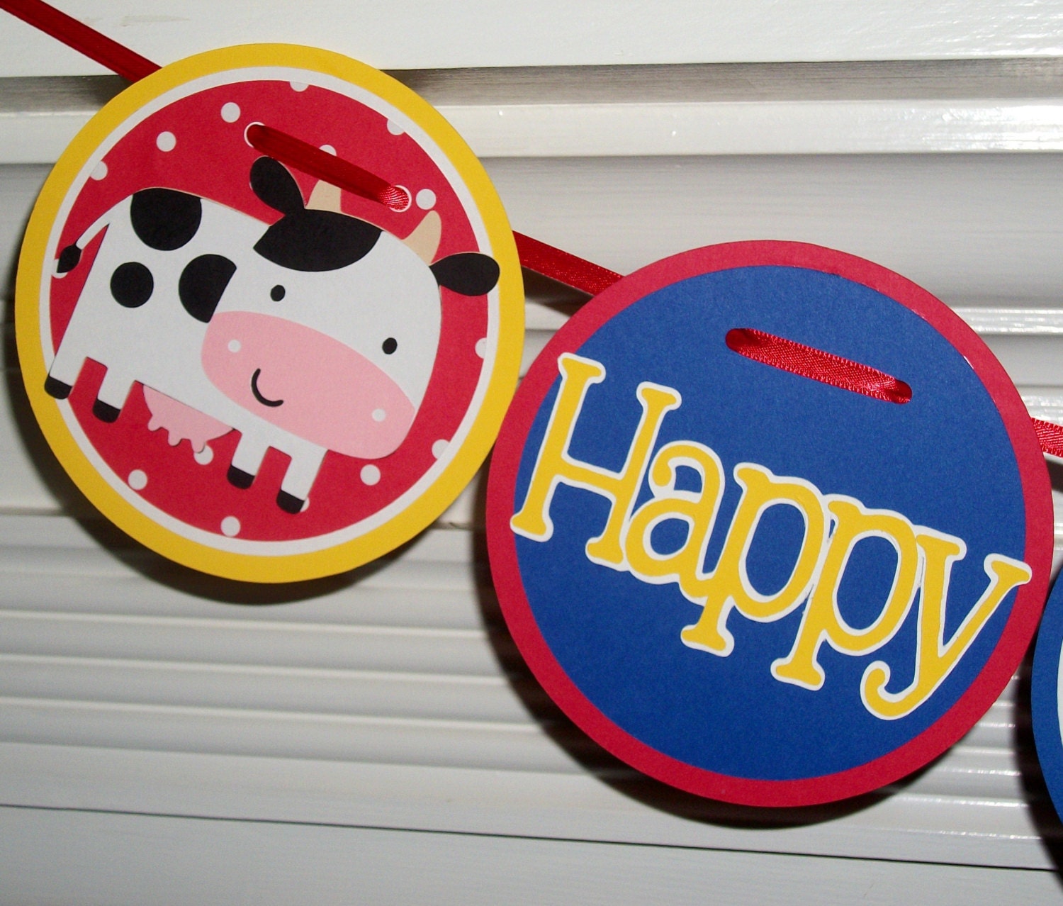 Barnyard Buddies Farm Birthday Banner ... MADE TO ORDER ... Yellow Blue Green red ... cow pig chick lamb barn ...  adjustable