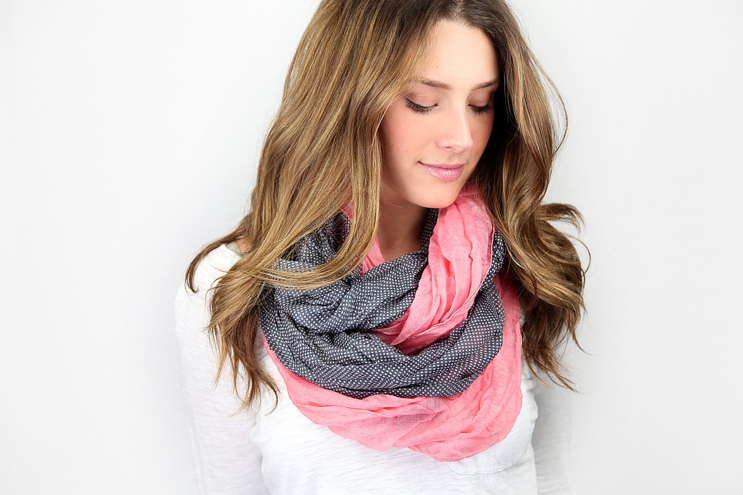 infinity scarf, color block, pink with black/gray polka dot, cotton lightweight infinity scarf