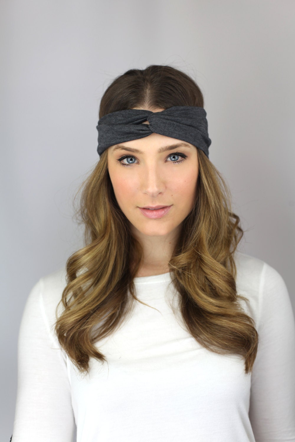 CHARCOAL GRAY twist turban essential workout headband, dark gray jersey headband