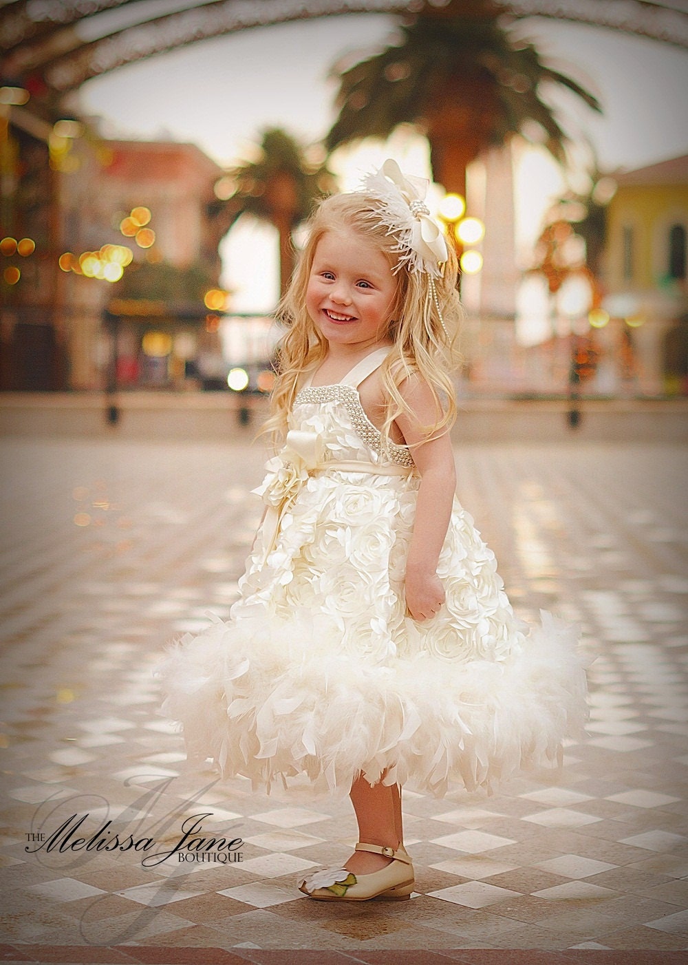 Sweet Angel Girls Petal Rosette Feather Dress