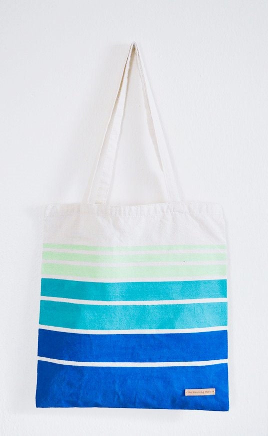 Blue Green Stripped Tote - Reusable Day Bag made with Recycled Linen