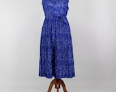 Vintage 1970's Custom Tailored Dress by Empress of Dallas - Royal Blue w/ White Bandana Floral Print - Small