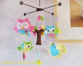 Baby Crib Mobile - Felt Mobile - Owl Mobile - Hot Pink Ocean Blue Lime Green Pastel Yellow Owls and Bird in tree top(Custom order available)