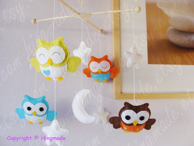 Owl Mobile - Baby Mobile -  Nursery Decor - Custom Felt Mobile - Blue Brown Orange Green Owls Mobile(Custom color available)