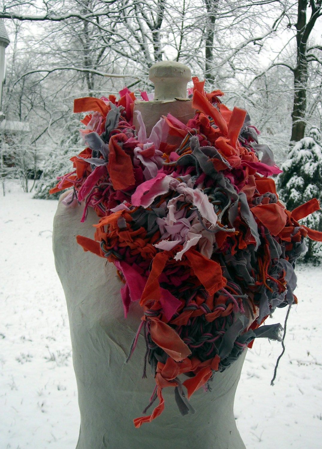 Pink and Orange Rag Knit Long Scarf