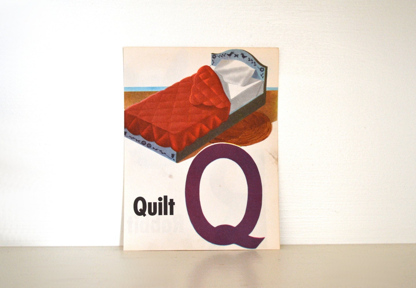 Vintage Letter Q Children's Book Illustration, Bed, Quilt, Sewing Art, Craft Drawing, Monogram, Initial Q, R Wall Decor, Lithograph