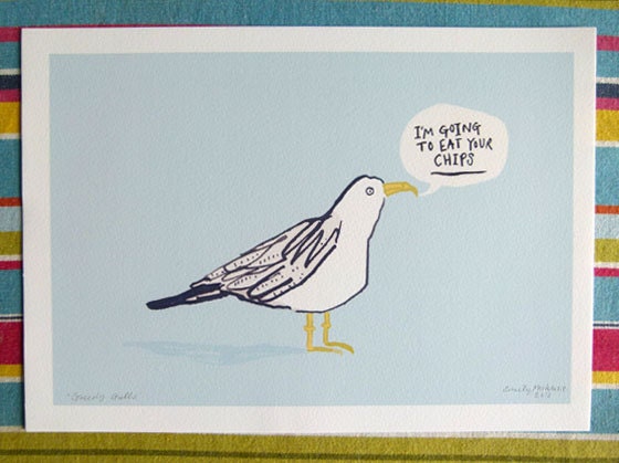 Seagull bird illustration, digital print of my original sea bird illustration. chips, fries. bird lover home decor, wall art. christmas gift