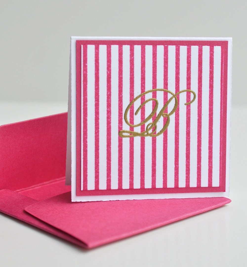 Gold Monogram Striped 2" x 2" Mini Note Cards Set of 10 in Pink Hand Stamped