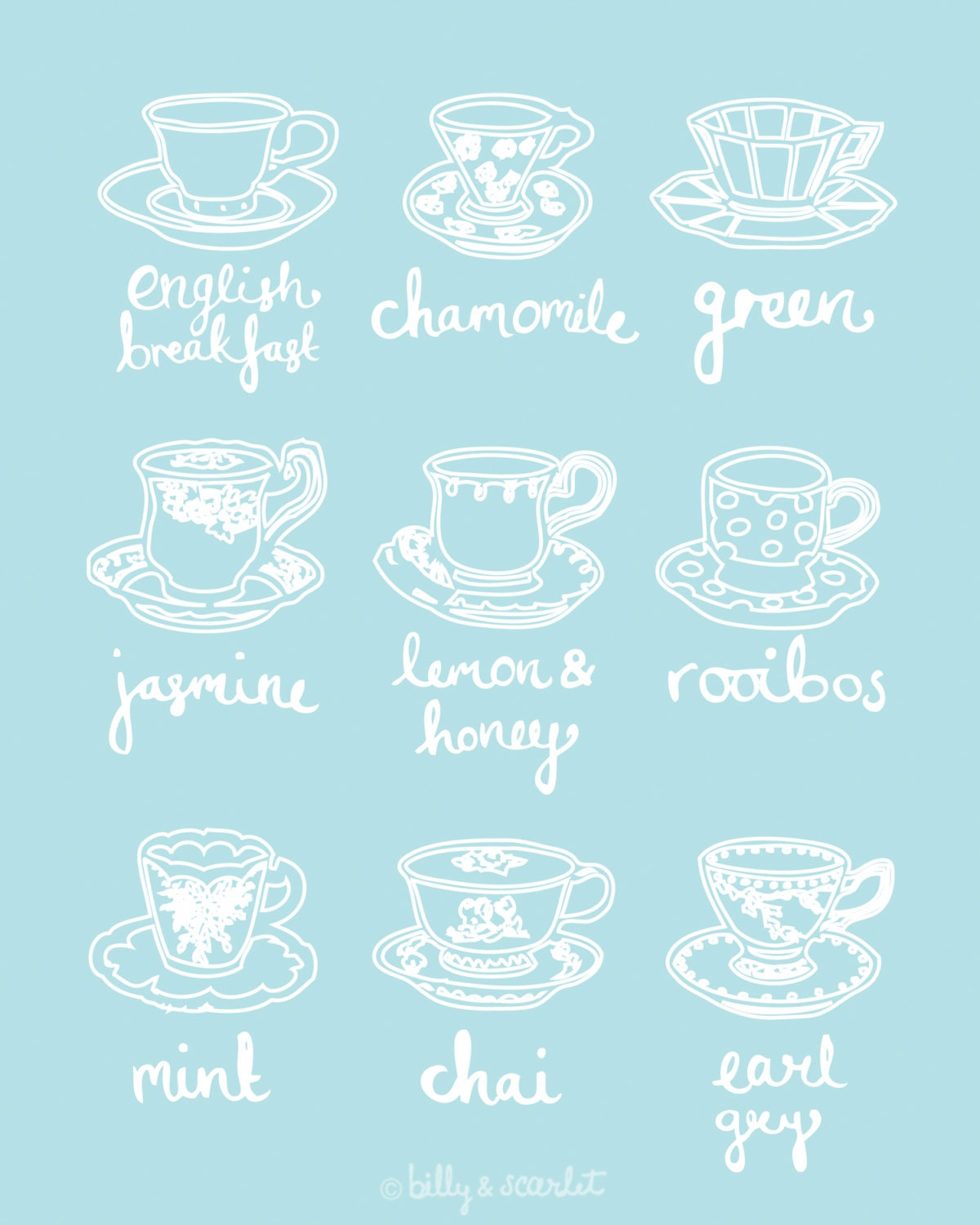 Tea Print - 8"x10" Art Print of tea cups in Duck Egg Blue - tea art and decor - Gift for Housewarming, Kitchen Tea, Bride to be