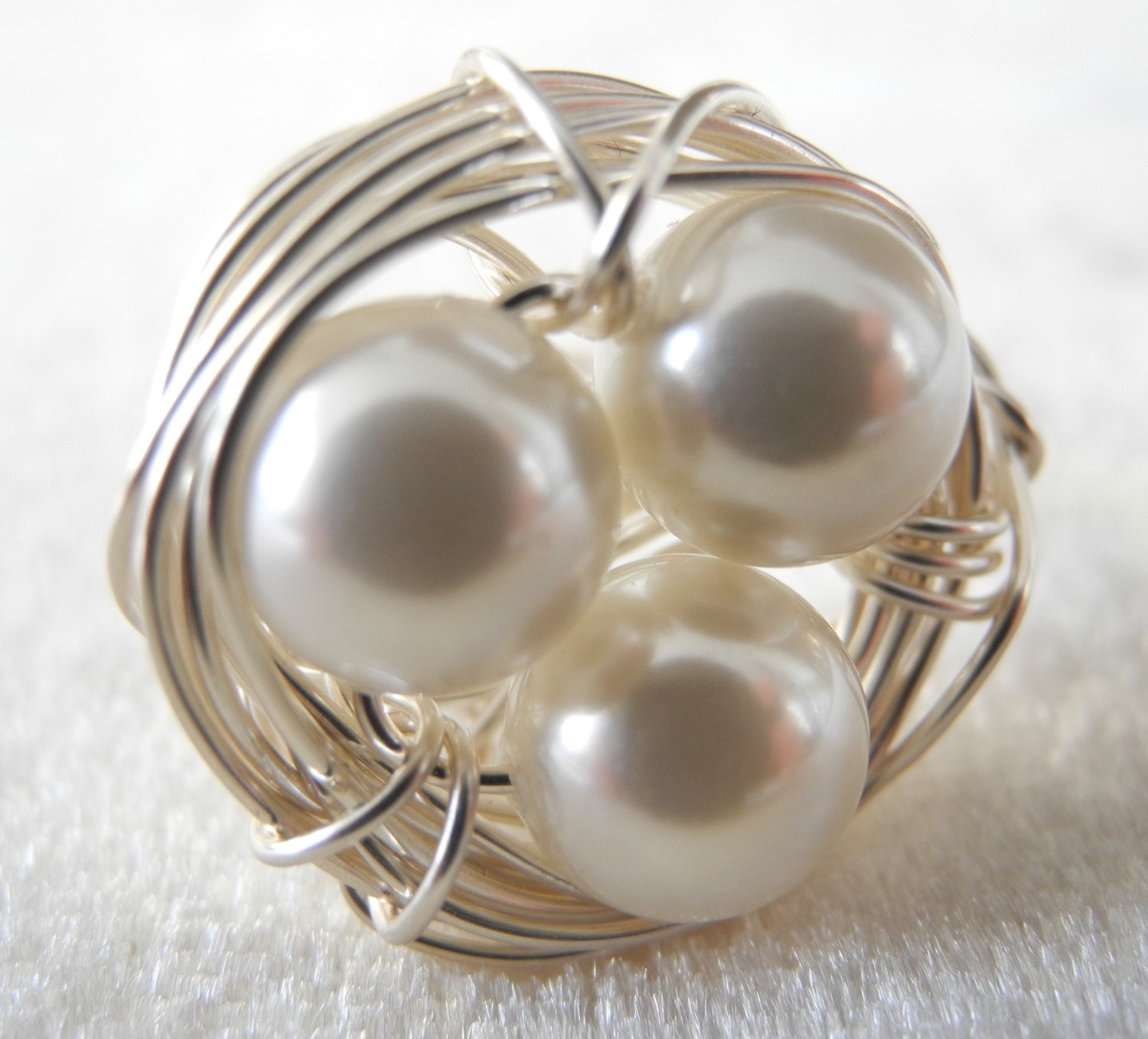Triple Bird Nest Ring, 8mm White Shell Pearls