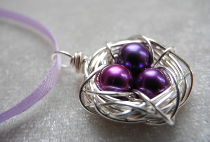 Bird Nest Ribbon Necklace, Purple Cultured Freshwater Pearls, The Bird Nest Collection