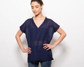 Blue sheer women blouse, fall fashion, short sleeve shirt v deep blue top, cotton tshirt
