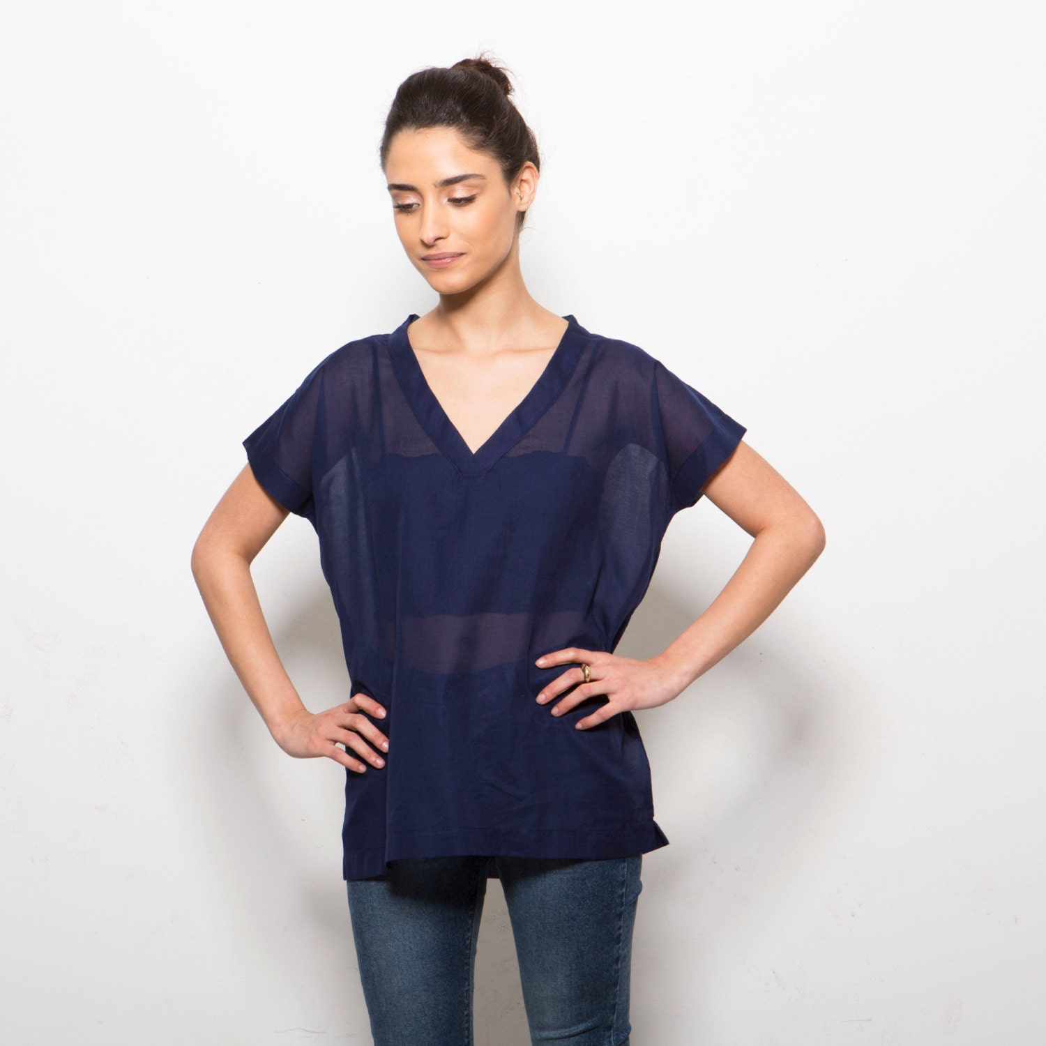 Blue sheer women blouse, fall fashion, short sleeve shirt v deep blue top, cotton tshirt