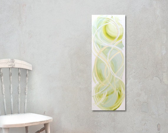 Abstract Acrylic Painting Original Fine Art 12"x36" by Linnea Heide - modern- organic flowing - green - metallic gold - spring