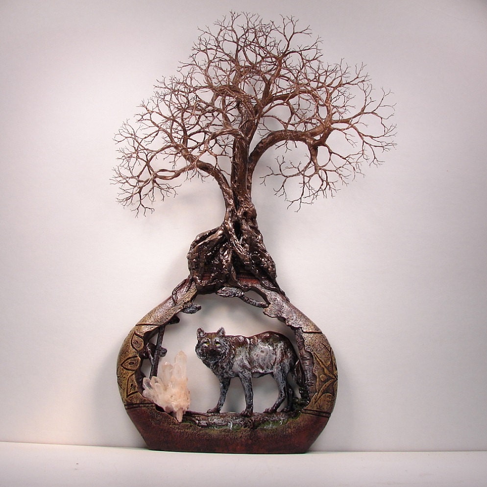 Wire Tree Of Life Grove SPiRiTs sculpture Quartz Crystal and the WOLF, wall hanging, home decor, original Art
