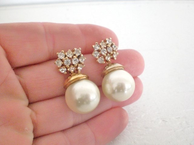 Vintage Faux Pearl Rhinestone Earrings Cluster Pierced Wedding