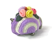 Crochet tea cosy retro teapot cozy pastel floral tea cosy lilac and cream striped with roses