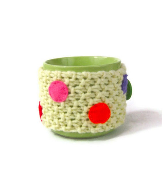 Knit mug cozy retro spotty mug hug multicolor polka dots fun cream tea cup cosy