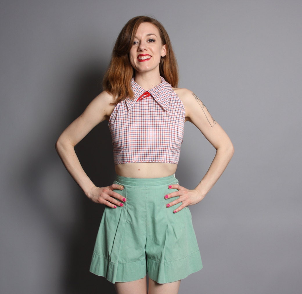 50s Cotton HALTER CROP TOP / Plaid Bombshell Blouse, xs