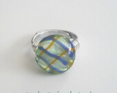 Hammered Silver Plaid Glass Foil Ring, Wire Wrapped Ring, Adjustable Ring, Handmade, Woman's Ring, Blue,Green, Yellow