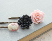Flower Bobby Pins Floral Hair Clips Romantic Pink Rose Black Chrysanthemum Lady Face Cameo Modern Accessories Shabby Chic Set of three (3)