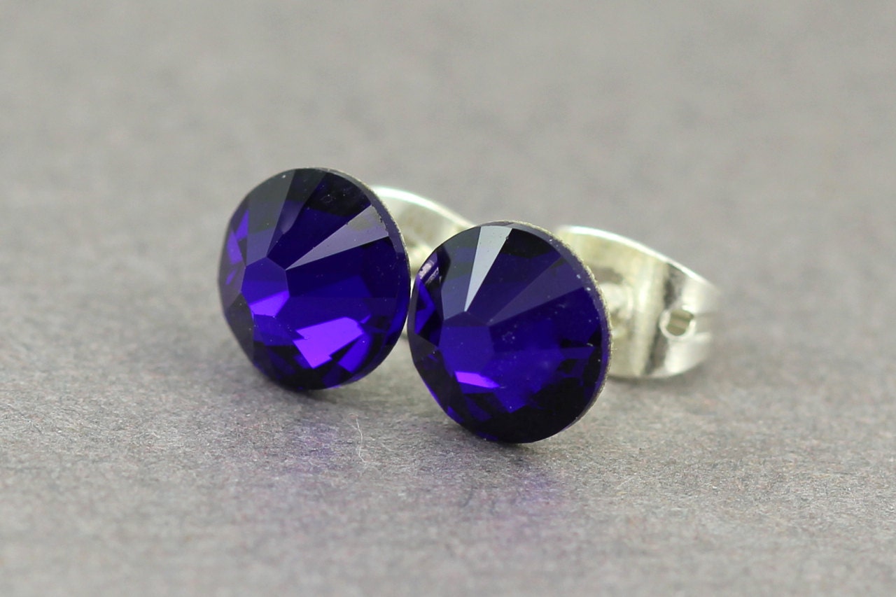 Swarovski Stud Earrings : Cobalt Blue Swarovski Crystal Stud Earrings, Sterling Silver Plated Earring Posts