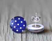 Fake Plugs : Blue and White Polka Dot Stud Earrings, Summer, ArtisanTree, Bohemian, Boho, Fun, 12mm