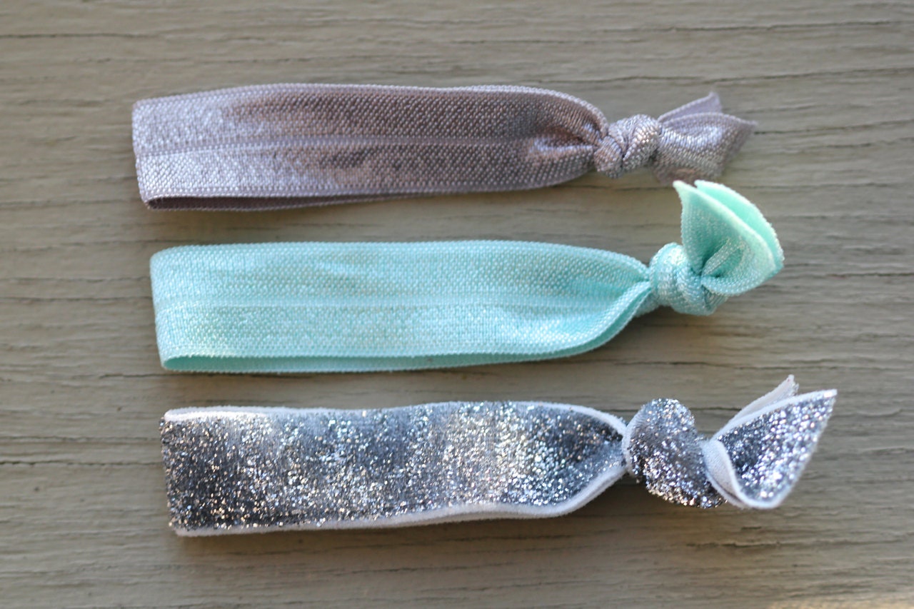 Hair Ties : Set of Three Elastic Ribbon Hair Ties, Ponytail, Bun, Top Knot, Bracelet, Teal, Silver, Glitter - Artisan Tree