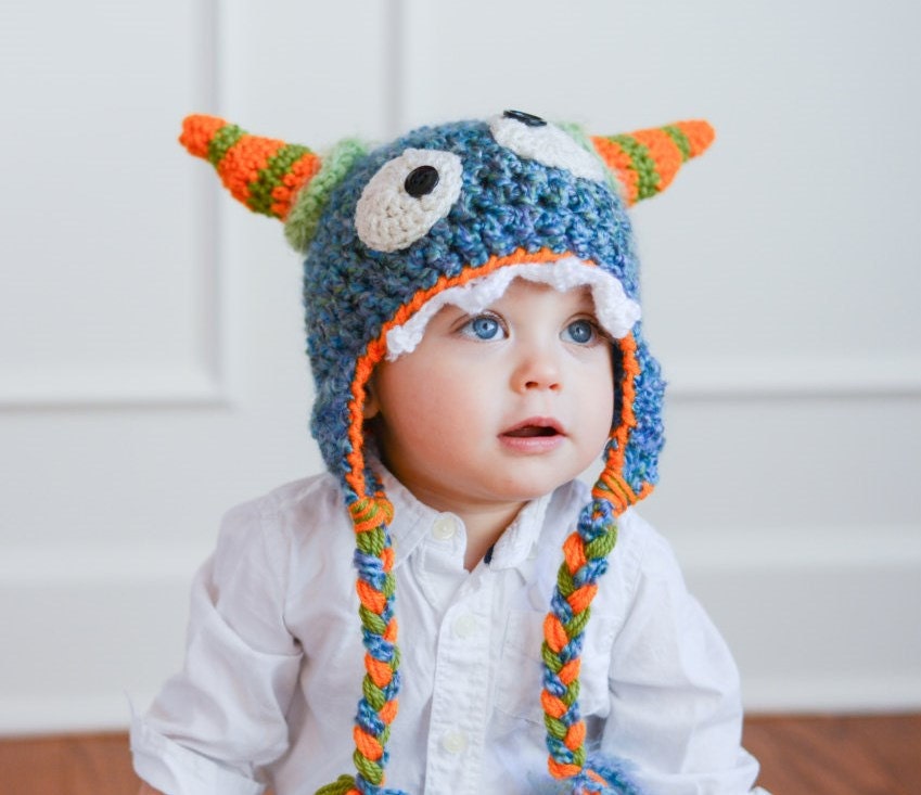 Monster Hat - Baby Monster Hat - Toddler  Sizes Monster Hat- Halloween Costume - Cute and Soft Earflap - by JoJosBootique