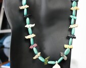 Fetish and Turquoise Chunk Necklace Bone Carved Feather Pendant Native American Hand Carved Animals bear coyote sterling silver t bar clasp