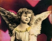 Altered Art:  Love Struck Cherub 5x7 print - Whimsical Art, Mixed Media Art, Collage Art, Vintage photo art, vintage angel, valentine's day