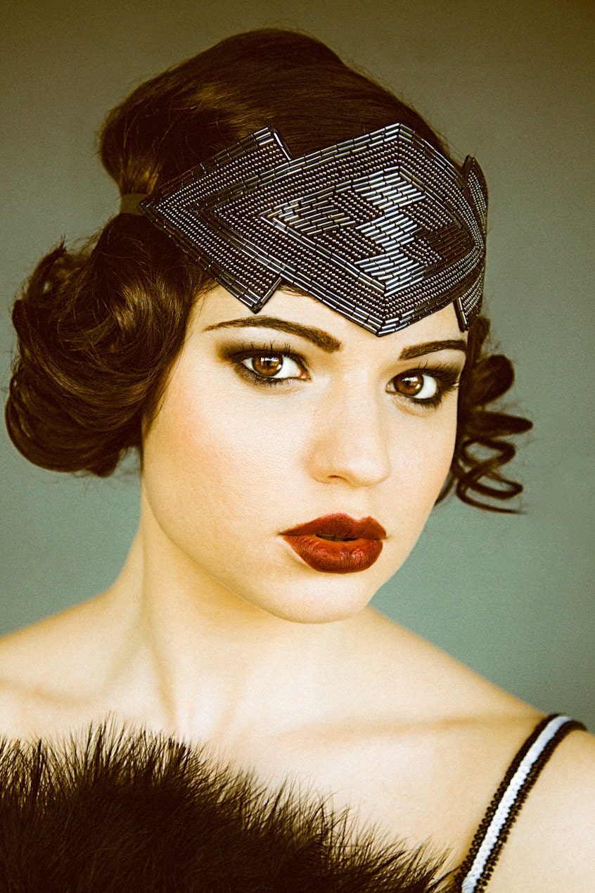 Great Gatsby Flapper Headpiece, Beaded Art Deco Style Headband in Gunmetal perfect for a vintage 1920's inspired event