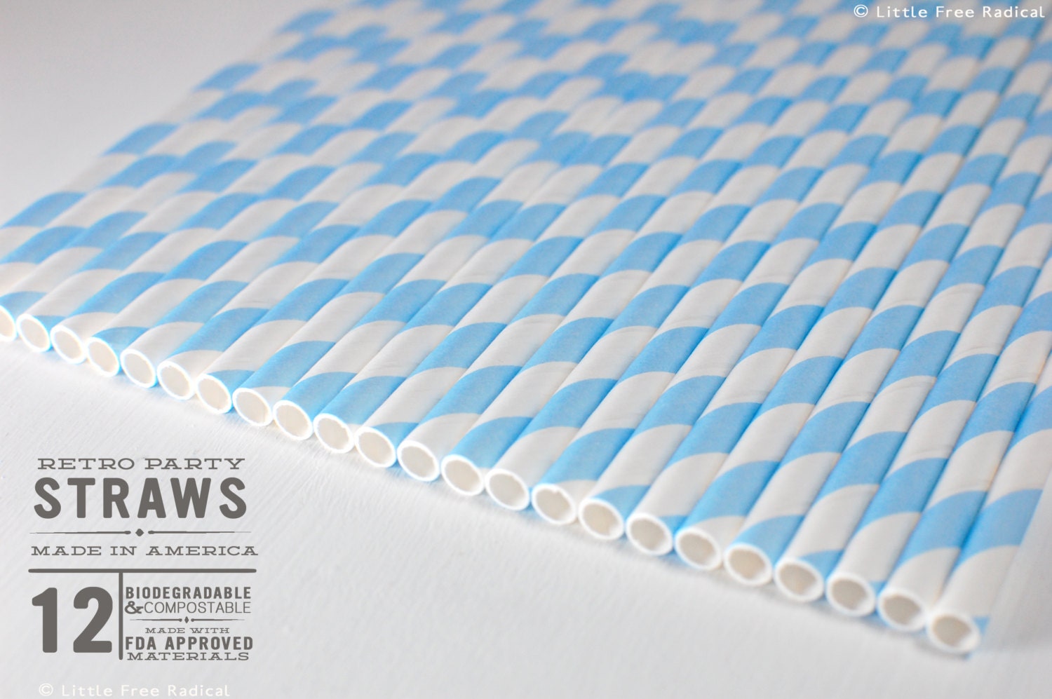12 Light Blue Striped Biodegradable Paper Straws  & Digital Flags - Party - Birthday - Baby Shower - Wedding