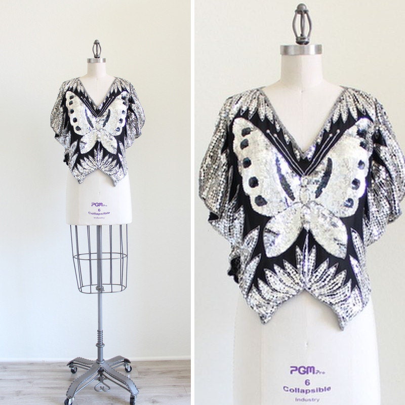 Vintage Sequin Butterfly Top . 70s Disco Sequin Top . Black Silk Beaded Top . size Medium
