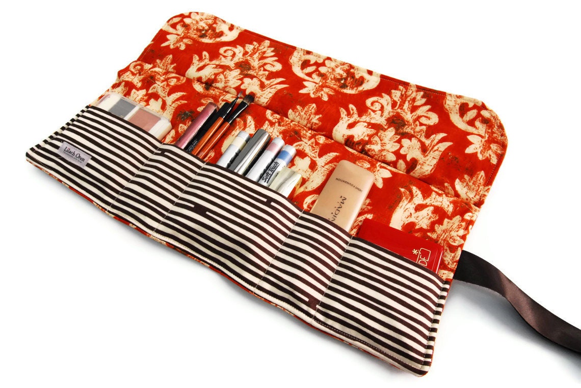 Travel Make up organizer in terracotta, Makeup Storage Roll, Cosmetic Storage