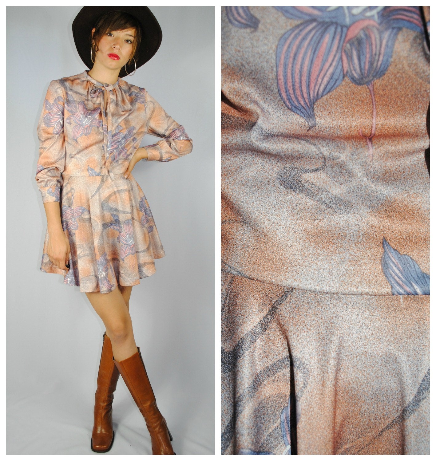 Vintage 60's Pink / Gray FLORAL KEYHOLE Tie Dress (Small)
