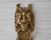 solid brass feng shui dragon door knocker // chinese foo dog guardian door pull