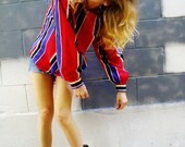 BOLD striped graphic print purple/ oxblood/ mustard/ black stripes. PUFF flowy sleeve. blouse top shirt.