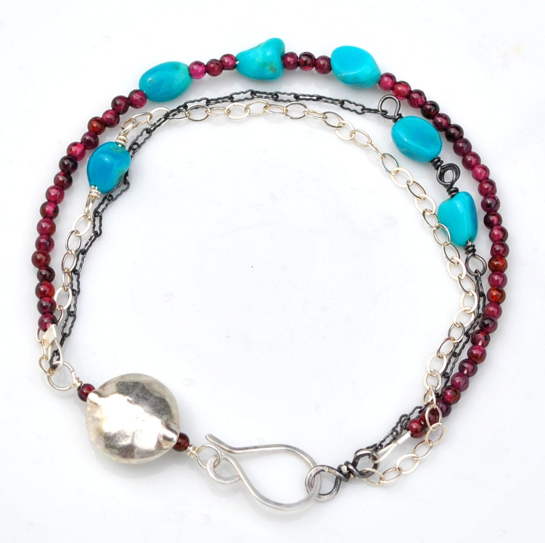 Sleeping Beauty Turquoise Nugget and Garnet Bracelet - Sterling Silver Wire Wrapped Gemstone, Dainty Chains, Summer Whimsy For Her