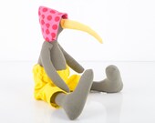 Ooak olive soft bird doll with Longggg yellow beak Wearing Hot pink hat Dotted red and Neon yellow corduroy pants - handmade eco Doll