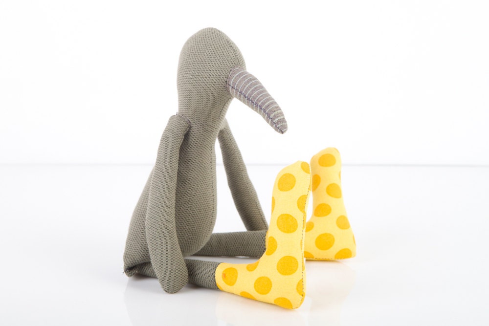 Baby bird  - Eco Friendly Toy , Olive Green chick duck with Striped gray beak Wearing polka dots Yellow socks  - timo handmade fabric doll
