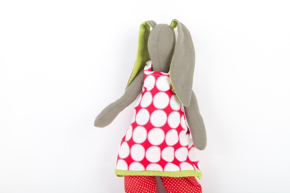 Softie olive gray bunny doll With neon green ears wearing  red retro  dress with circles and dotted pants under - handmade Eco fabric Doll
