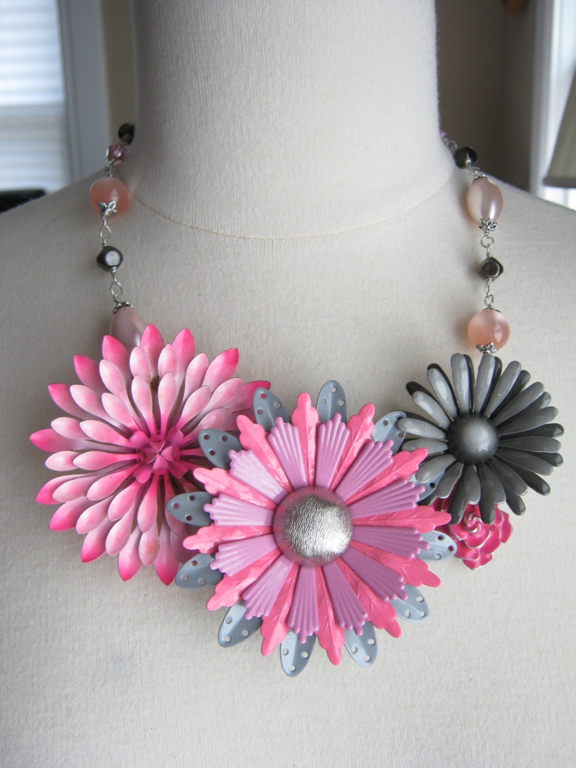 Statement Necklace, Vintage Enamel Flowers, Upcycled Vintage Brooch, Flower Power, Pink, Gray, Wedding, OOAK - Pink and Gray